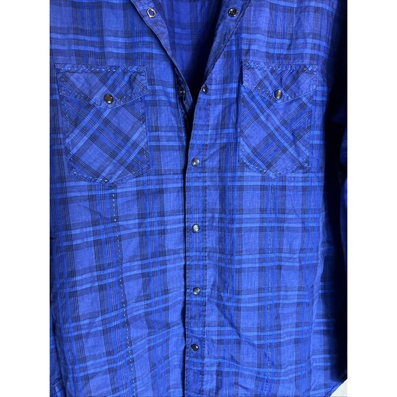 Bugatchi Dress Shirt Large Blue Plaid Paisley Contrast Flip Cuff Shape Fit - Picture 2 of 13